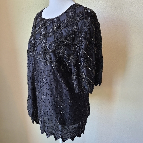 Laurence Kazar Silk Blouse Large Black‎ Lined Embellished Beaded Short Sleeve - Picture 5 of 12